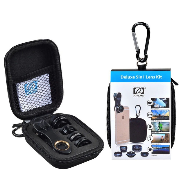 Cell Phone Lens Fisheye Wide Angle Macro Booster Polarizing 5-in-1 Kit Universal External