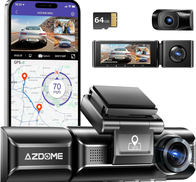 AZDOME M550 3-Channel Car Recorder, 4K+1080P Car Dual Driving Recorder, Built-in WiFi GPS, 1440P+1080P+1080P Front & Rear Built-in, Includes 64GB Card, 3.19-Inch IPS Screen, WDR, IR Night Vision, Parking Mode